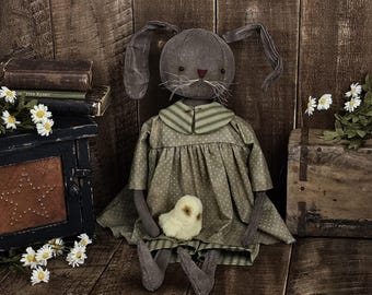 Primitive Spring Bunny Doll “Cora” – Farmhouse Folk Art Rabbit with Chick – Handmade Rustic Easter Home Décor