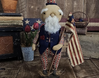Primitive Folkart Americana Uncle Sam – July 4th Patriotic Heirloom Doll – Primitive USA Shelf Sitter Decor