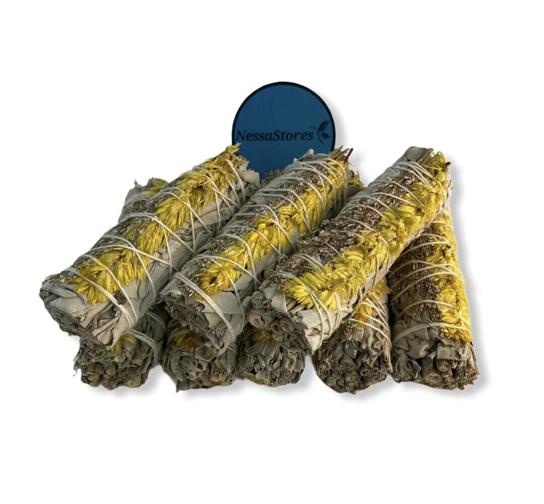 NESSASTORES- White Sage + Yellow Flowers Smudge Incense 4" Bundle #JC-197(3 pcs)