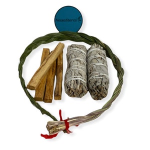 NessaStores- Sweetgrass Braid Smudge Kit + Sage + Palo Santo #JC-222 (1 Kit)