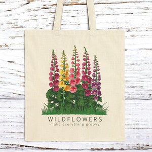 Hollyhock Wildflowers Color Graphic - Cotton Canvas Tote Bag
