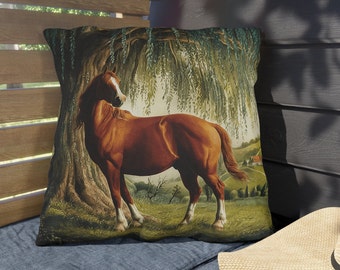 Chestnut Brown Horse under Willow Tree - Indoor Outdoor Pillows