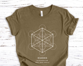 メタトロンの立方体上の六面体神聖幾何学 - ホワイトプリント - ユニセックス半袖Tシャツ