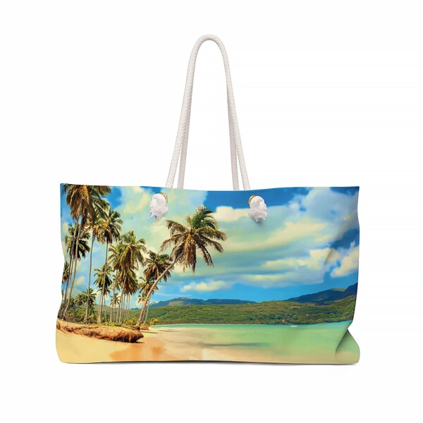 Tropical Palm Trees Beach and Green Water Lagoon - Weekender Bag with Rope Handle