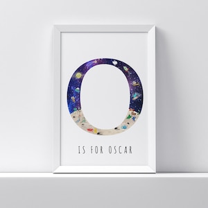 Personalizado niño niños carta inicial nombre inicial "O" Aliens UFO Luna Ilustración Arte Dibujo Impresión Cartel para regalo de la guardería presente