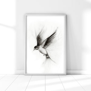 Flying Swallows Print, Black & White Drawing, Fine Art Wildlife Picture, Charcoal birds, Animal Sketch, Living Room Decor