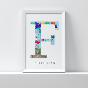 Impresión personalizada de la carta del niño, cartel "F" ilustrado, fiesta de la fiesta de los animales de granja ilustración arte dibujo impresión cartel para regalo de cumpleaños de la guardería