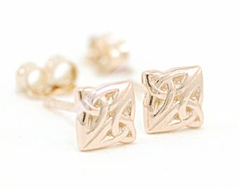 Solid Gold Celtic Knot Earrings, 14 Karat Rose Gold Square Shaped Engraved Studs, Detailed, Unisex Post Earrings, Ready to Ship