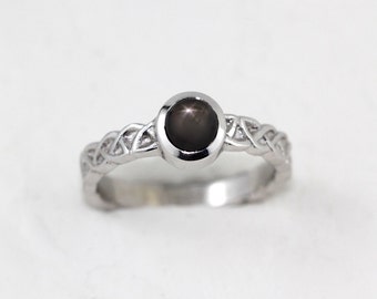 Celtic Ring With Star Sapphire, 14 Karat Solid White Gold One-Of-A-Kind Hand Engraved Ring, Ready to Ship Size 6.5