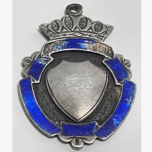 Antique Art Deco Enamelled Sterling Silver Medal Pendant Fob for Pocket Watch Chain or Necklace, Bracelet etc, 5.6g, Fully Hallmarked, 1929