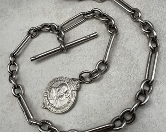 Antique Sterling Silver Trombone Link Pocket Watch Chain with T-Bar, Bulldog Clip & Silver Edwardian Coronation Fob, 30g, Hallmarked 1925