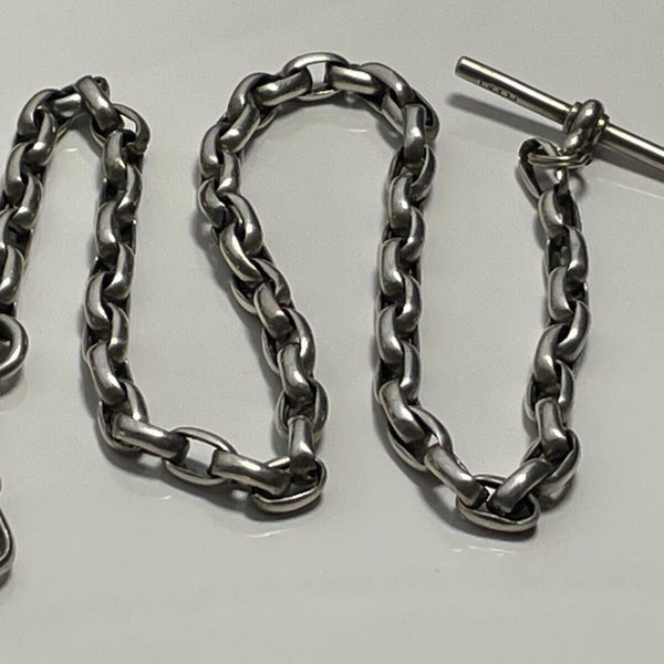 Antique 1902 Edwardian Solid Silver Watch Chain with Bulldog Clip and T-bar, Weighing 19g, Hallmarked,