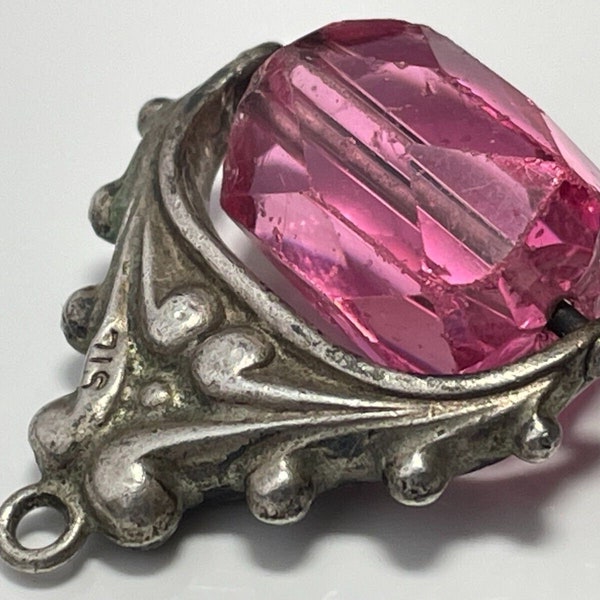 Antico ciondolo vittoriano in argento massiccio con pasta rosa girevole per catena dell'orologio