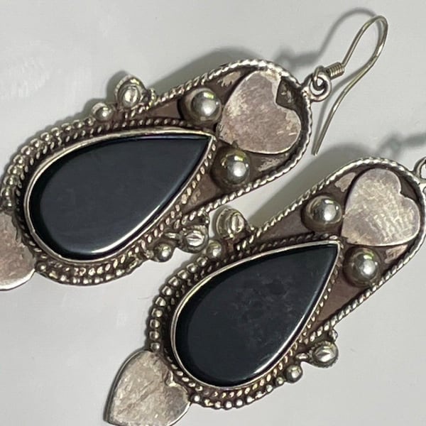 Vintage 925 Sterling Silver and Onyx Stone Oval Dangly Drop Earrings, Weighing 12.1g, Boho Trophy