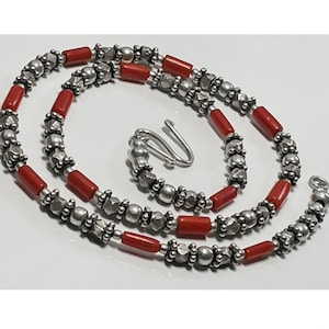 Vintage Antique Moroccan Sterling Silver and Red Coral Beaded Berber Chain Necklace