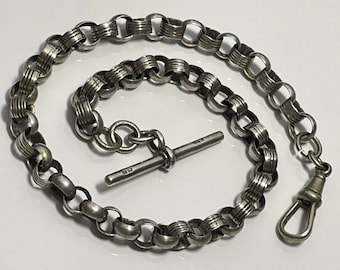 Antike 1909-Uhrenkette aus massivem Silber mit T-Bar-Clip, edwardianisch, 23,42 g, vollständig punziert