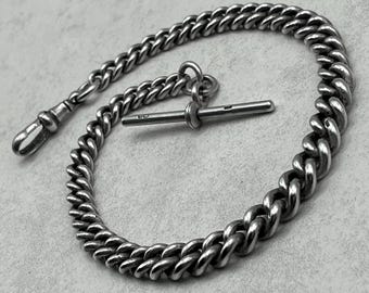 Cadena antigua de plata esterlina graduada para reloj de bolsillo con barra en T y clip tipo bulldog, 40,5 g, totalmente contrastada en 1929.