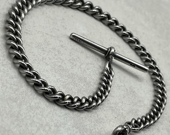 Cadena antigua de plata esterlina graduada para reloj de bolsillo con barra en T y clip tipo bulldog, 32,2 g, contrastada en 1907.