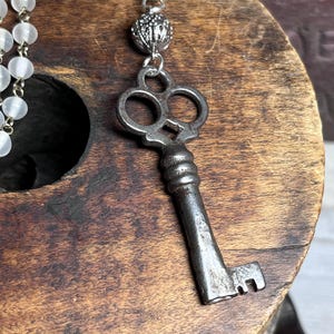 Upcycled Skeleton Key Pendant Necklace with Frosted White Beads