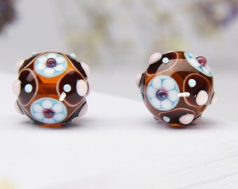 Lampwork Bead Pair, Best for Earrings, Topaz Brown Glass Beads with Flower