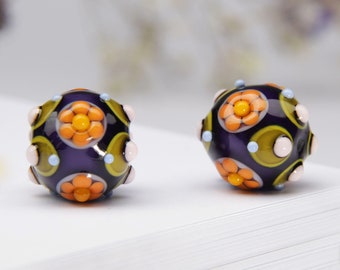 Lampwork Bead Pair, Glass Beads for Earrings, Purple Green and Orange Beads for Jewelry