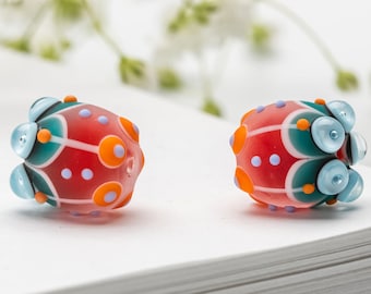 Lampwork Bead Pair for Jewelry, Two Matte Glass Beads, Red,  Blue, White, Orange Beads