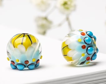 Two Glass Beads, Lampwork Bead Pair for Jewelry, Yellow, Red, Blue, Green, Petal Beads