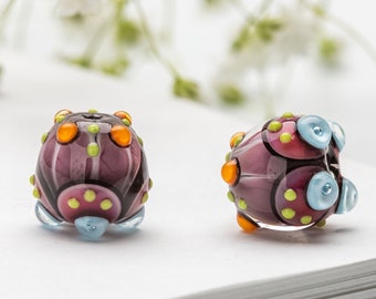 Glass Bead Pair for Jewelry, Two Purple and Light Blue Lampwork Beads with Burbles, Orange and Green Dots