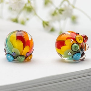 Lampwork Bead Pair for Earrings, Rainbow Petal Beads for Bracelet, Necklace