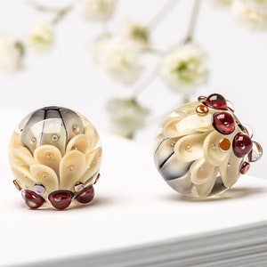 Glass Bead Pair for Jewelry, Milky White Petal Lampwork Bead with Purple Luster Burbles, Gold Sparkles and Red Dots