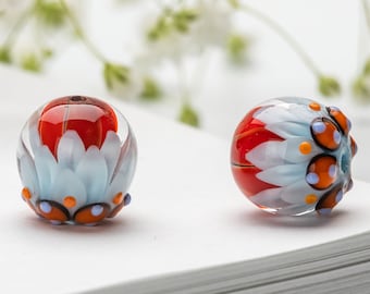 Lampwork Bead Pair for Jewelry, Two Glass Beads, Red, Blue, White, Orange Petal Beads