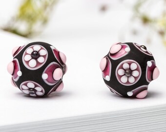 2 Black and Pink Matte Glass Beads for Earrings, Bracelets or Necklaces