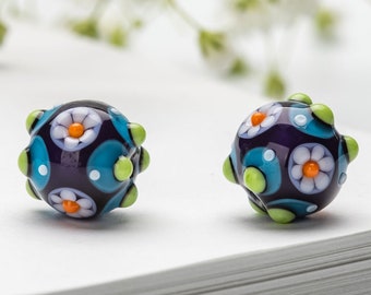 Two Glass Beads to Make Jewelry, Blue, Green, White Lampwork Beads for Earrings