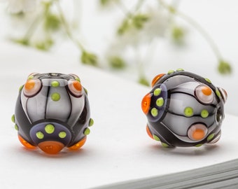 Glass Bead Pair for Jewelry, White Petal Lampwork Bead with Purple, Orange Burbles, and Light Green Dots