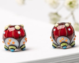 Lampwork Bead Pair for Jewelry, Two Glass Beads, Red, Blue, White, Orange Beads