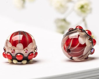 Glass Bead Pair for Jewelry, Milky White Petal Lampwork Bead with Red Luster Burbles, Gold Sparkles and Milky Dots