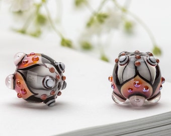 Glass Bead Pair for Jewelry, White, Pink Lampwork Beads with Golden Dots