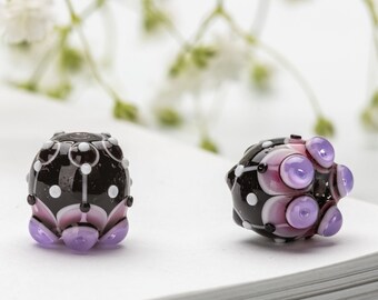 Glass Bead Pair for Jewelry, Two Glass Beads - Black, Purple and Pink with White Dots
