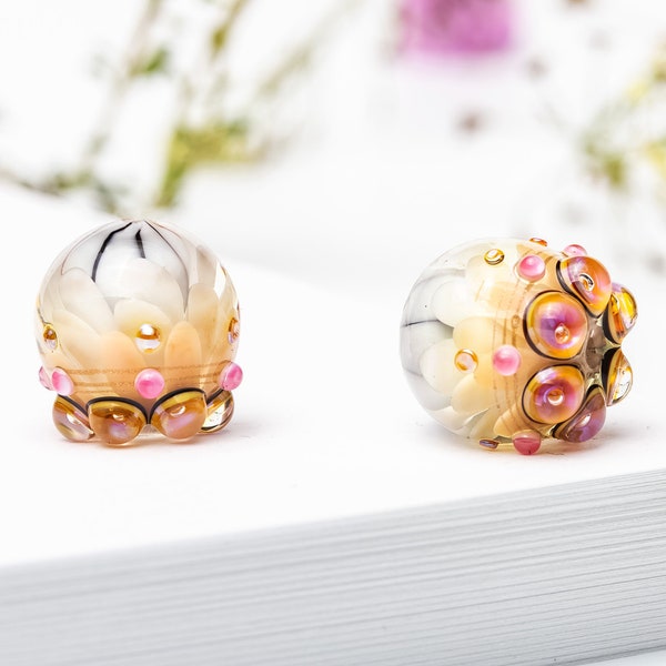 Glass Bead Pair for Jewelry, Milky White Petal Lampwork Bead with Purple Luster Burbles, Gold Sparkles and Pink Dots