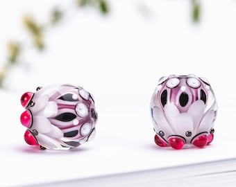 Lampwork Bead Pair for Jewelry, White and Pink Glass Beads