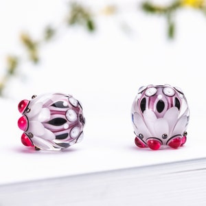 Lampwork Bead Pair for Jewelry, White and Pink Glass Beads image 1