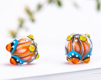 Two Lampwork Beads for Jewelry, Orange, Blue, Green Glass Beads