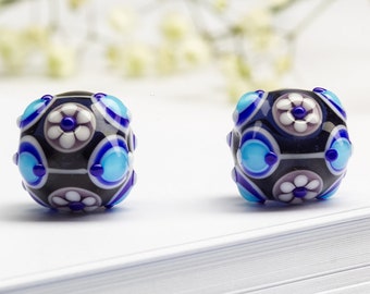 Lampwork Bead Pair for Jewelry, Glass Beads, Blue, White