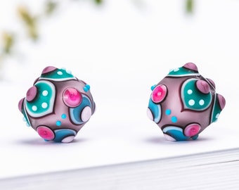 Glass Bead Pair for Jewelry, Two Light Pink, Blue, Turquoise Lampwork Beads with Matte Finish