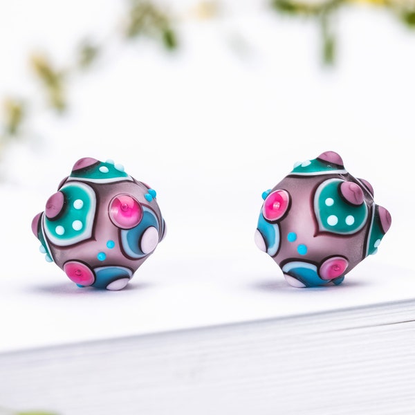 Glass Bead Pair for Jewelry, Two Light Pink, Blue, Turquoise Lampwork Beads with Matte Finish