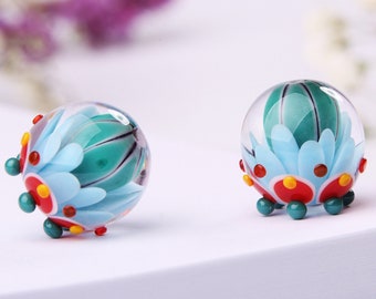 Glass Bead Pair for Earrings, Turquoise, Blue, Red and Yellow Lampwork Beads