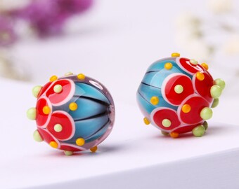 Two Glass Beads for Earrings, Red and Blue Lampwork Bead Pair to Make Jewelry