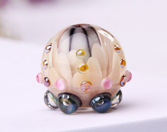 Focal Lampwork Bead 0,6in (16mm) in Diameter, White, Beige, Gold, Blue Glass Bead