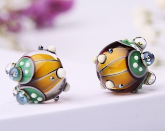 Two Lampwork Beads for Earrings, Yellow with Blue Glass Bead Pair