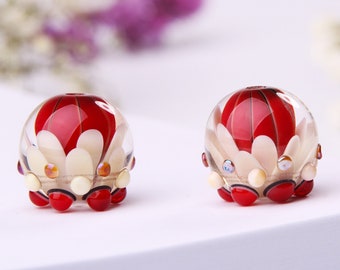 Red Glass Bead Peir with Milk Petals and Golden Sparkles